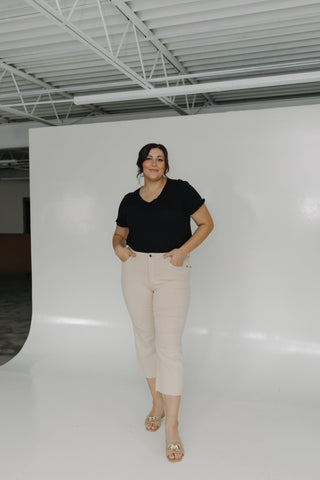 ESSENTIAL TEXTURED V - NECK TEE IN BLACK - Love Marlow