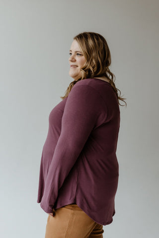 ESSENTIAL V - NECK LONG - SLEEVED TEE IN FROSTED EGGPLANT - Love Marlow