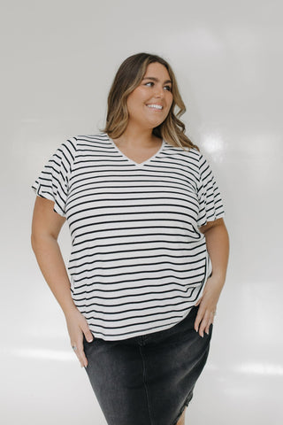 ESSENTIAL V - NECK STRIPED TEE WITH FLUTTER SLEEVES - Love Marlow