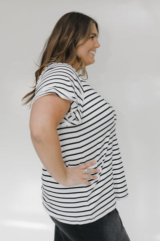 ESSENTIAL V - NECK STRIPED TEE WITH FLUTTER SLEEVES - Love Marlow