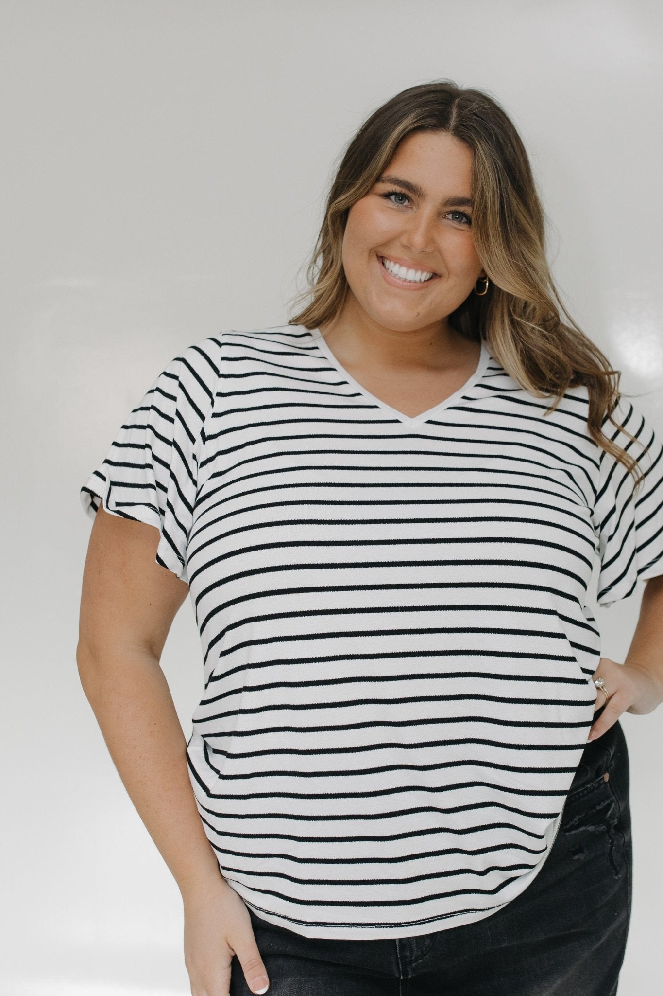 ESSENTIAL V - NECK STRIPED TEE WITH FLUTTER SLEEVES - Love Marlow