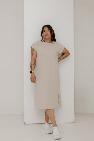 EVERYDAY ESSENTIALS CREW NECK MIDI T - SHIRT DRESS WITH SIDE SLIT IN SAND - Love Marlow