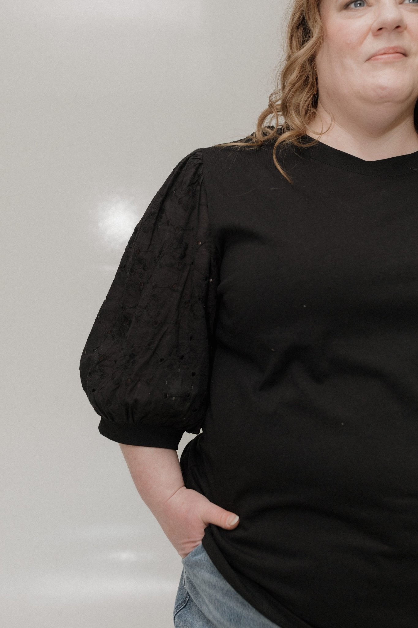 EYELET LACE 3/4 SLEEVE KNIT BLOUSE IN BLACK - Love Marlow