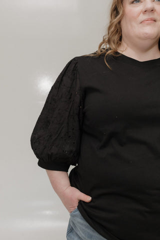 EYELET LACE 3/4 SLEEVE KNIT BLOUSE IN BLACK - Love Marlow