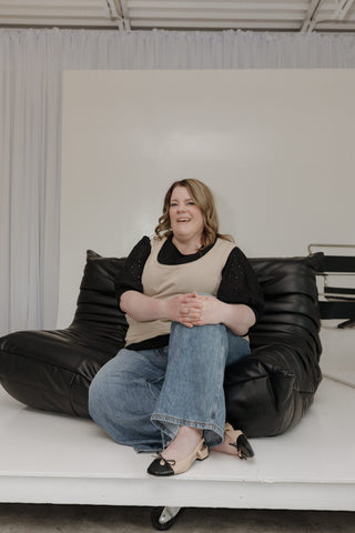 EYELET LACE 3/4 SLEEVE KNIT BLOUSE IN BLACK - Love Marlow