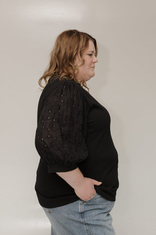 EYELET LACE 3/4 SLEEVE KNIT BLOUSE IN BLACK - Love Marlow