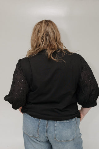 EYELET LACE 3/4 SLEEVE KNIT BLOUSE IN BLACK - Love Marlow