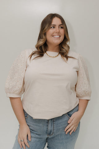 EYELET LACE 3/4 SLEEVE KNIT BLOUSE IN SAND - Love Marlow