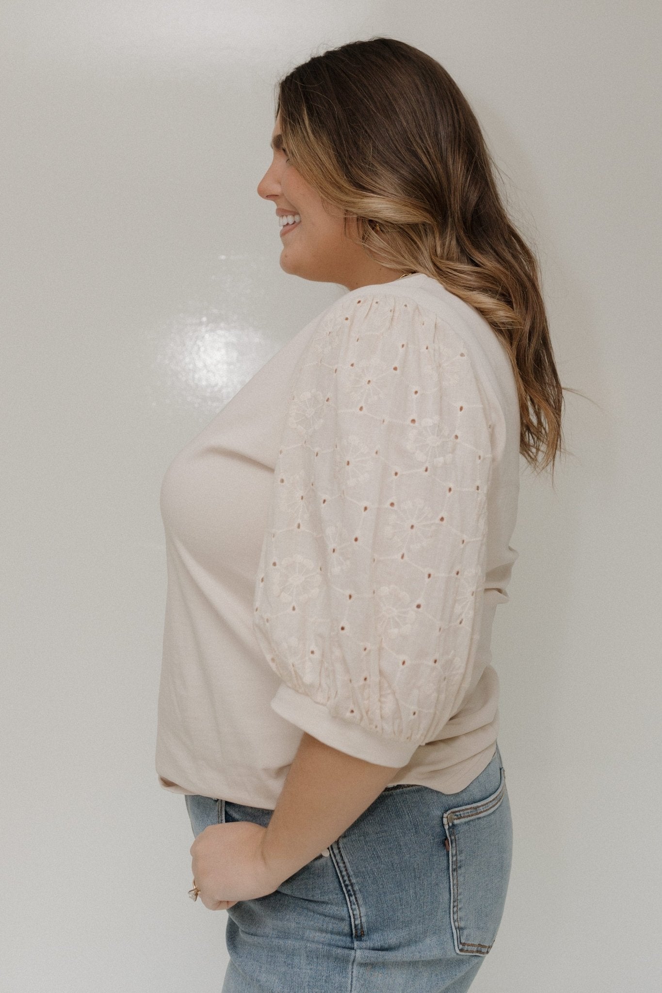 EYELET LACE 3/4 SLEEVE KNIT BLOUSE IN SAND - Love Marlow