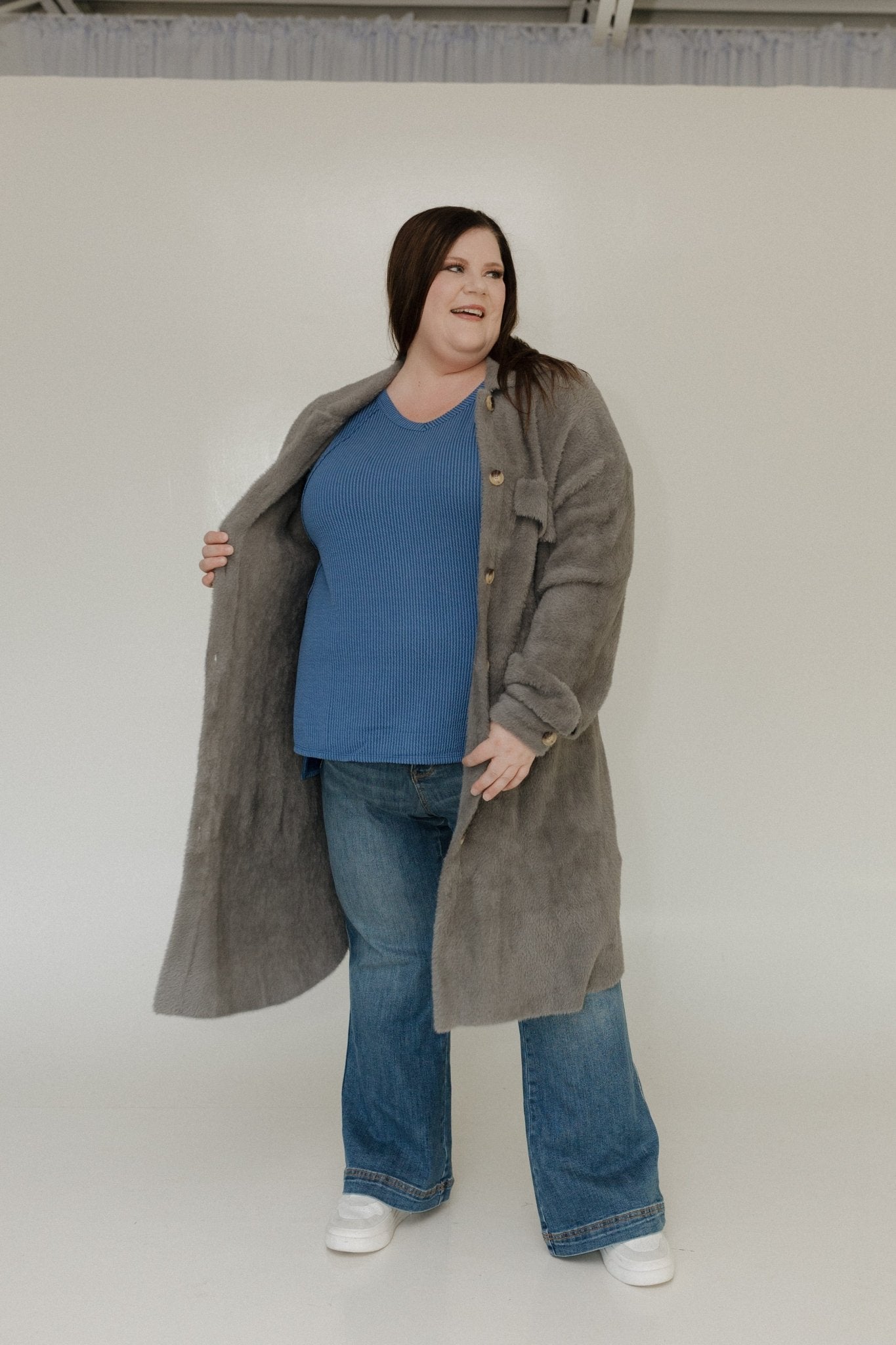 FAUX FUR DUSTER SHACKET IN STEEL GREY - 20 - Love Marlow