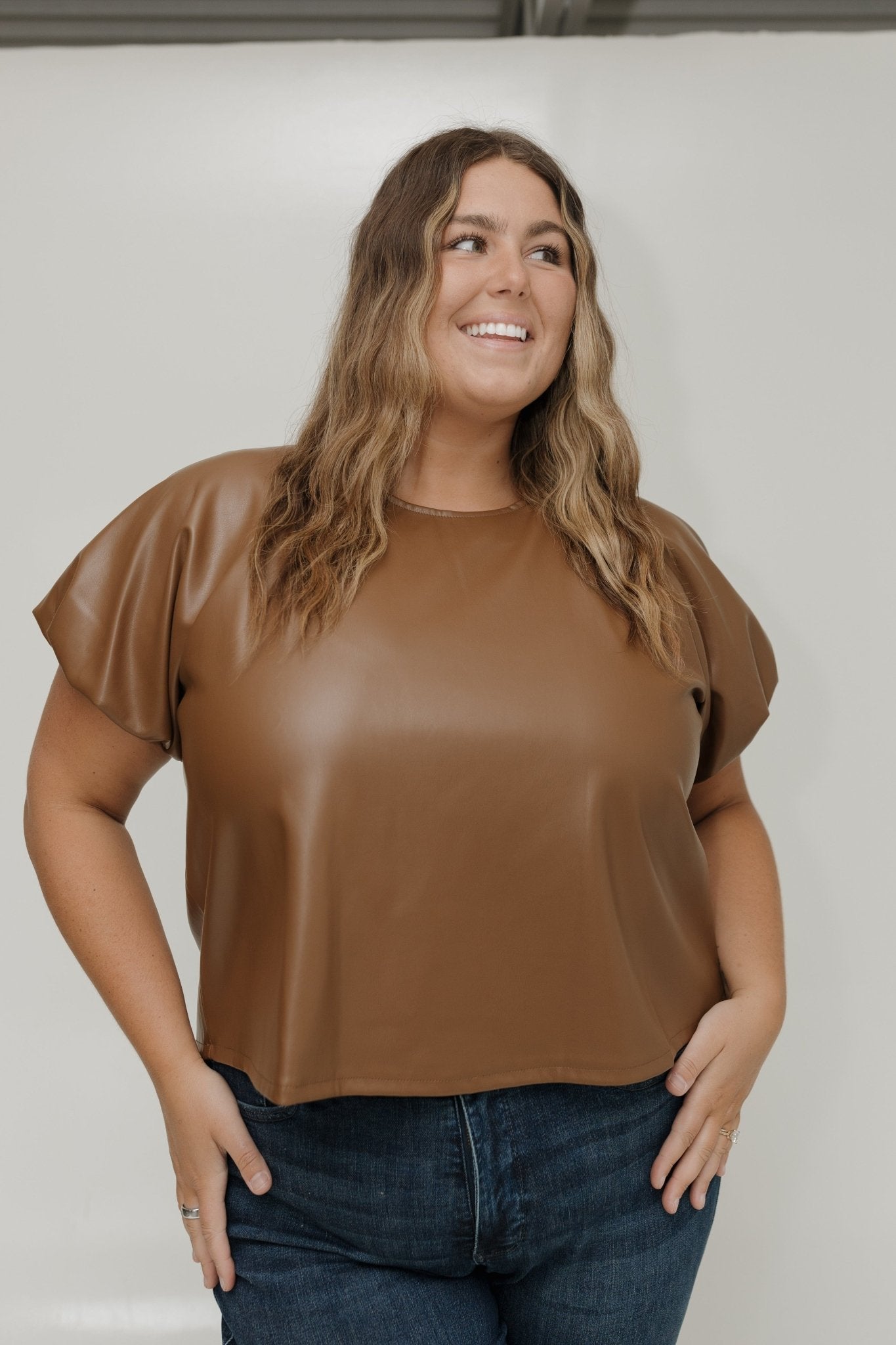 FAUX LEATHER PUFF SLEEVE BLOUSE IN CARAMEL - Love Marlow
