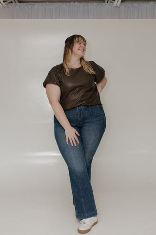 FAUX LEATHER PUFF SLEEVE BLOUSE IN WEATHERED BARK - Love Marlow