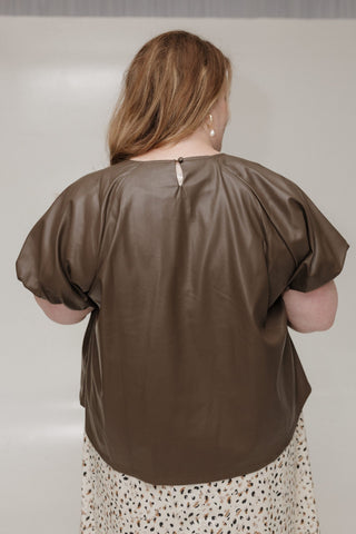 FAUX LEATHER PUFF SLEEVE BLOUSE IN WEATHERED BARK - Love Marlow