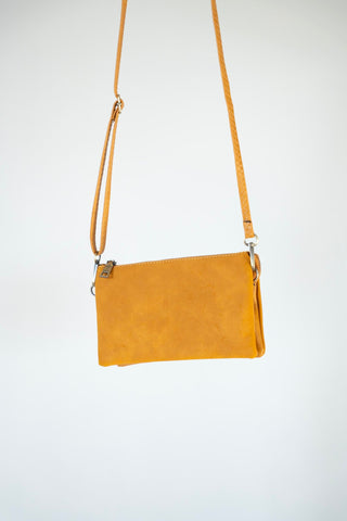 FAUX SUEDE CLUTCH IN MUSTARD - Love Marlow