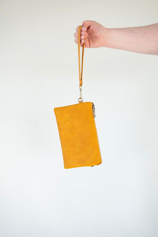 FAUX SUEDE CLUTCH IN MUSTARD - Love Marlow