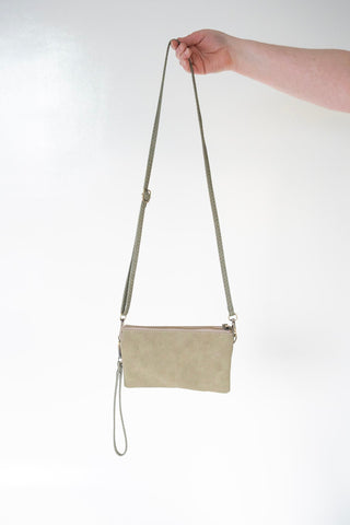 FAUX SUEDE CLUTCH IN OLIVE - Love Marlow
