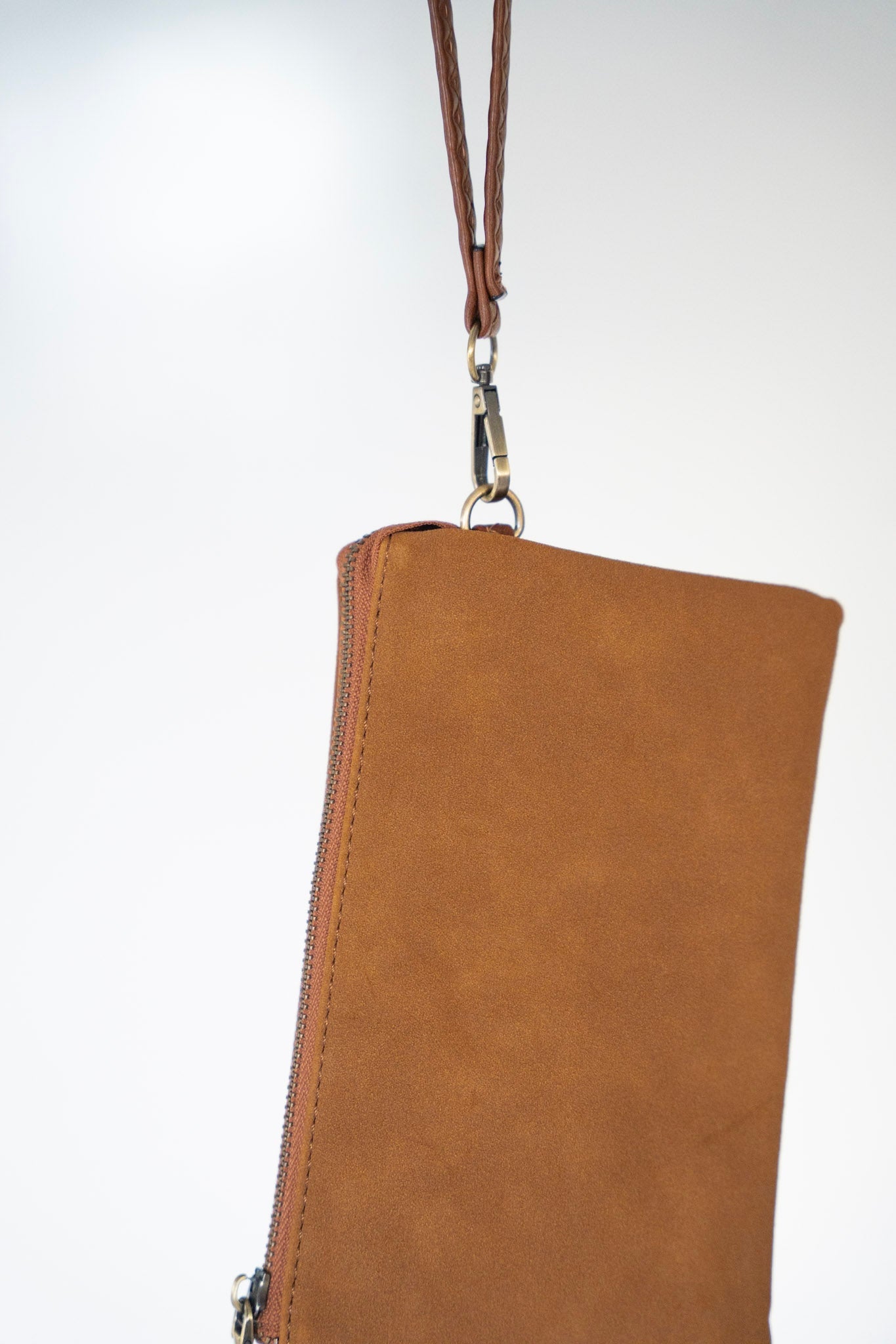 FAUX SUEDE CLUTCH IN WARM BROWN - Love Marlow