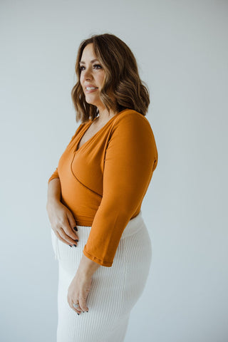 FAUX WRAP BODYSUIT WITH SIDE RUCHING IN AMBER GLOW - Love Marlow