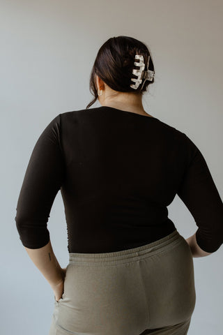 FAUX WRAP BODYSUIT WITH SIDE RUCHING IN BLACK - Love Marlow