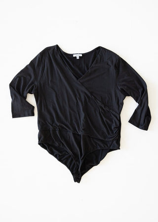 FAUX WRAP BODYSUIT WITH SIDE RUCHING IN BLACK - Love Marlow