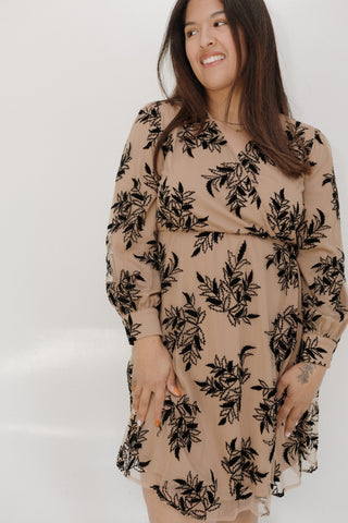 FAUX WRAP KNEE LENGTH DRESS WITH VELVET APPLIQUES - Love Marlow