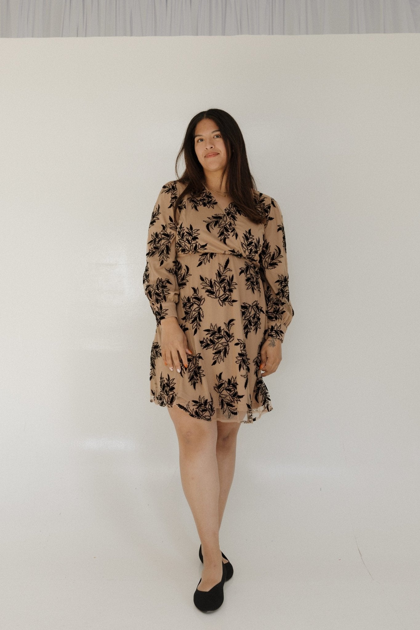 FAUX WRAP KNEE LENGTH DRESS WITH VELVET APPLIQUES - Love Marlow