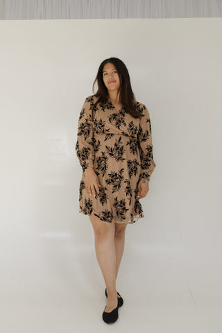 FAUX WRAP KNEE LENGTH DRESS WITH VELVET APPLIQUES - Love Marlow