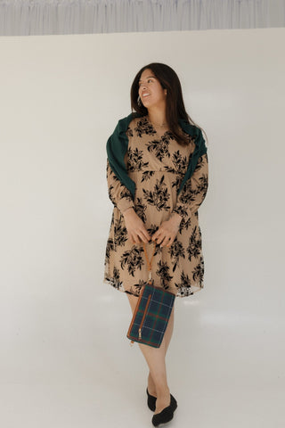 FAUX WRAP KNEE LENGTH DRESS WITH VELVET APPLIQUES - Love Marlow