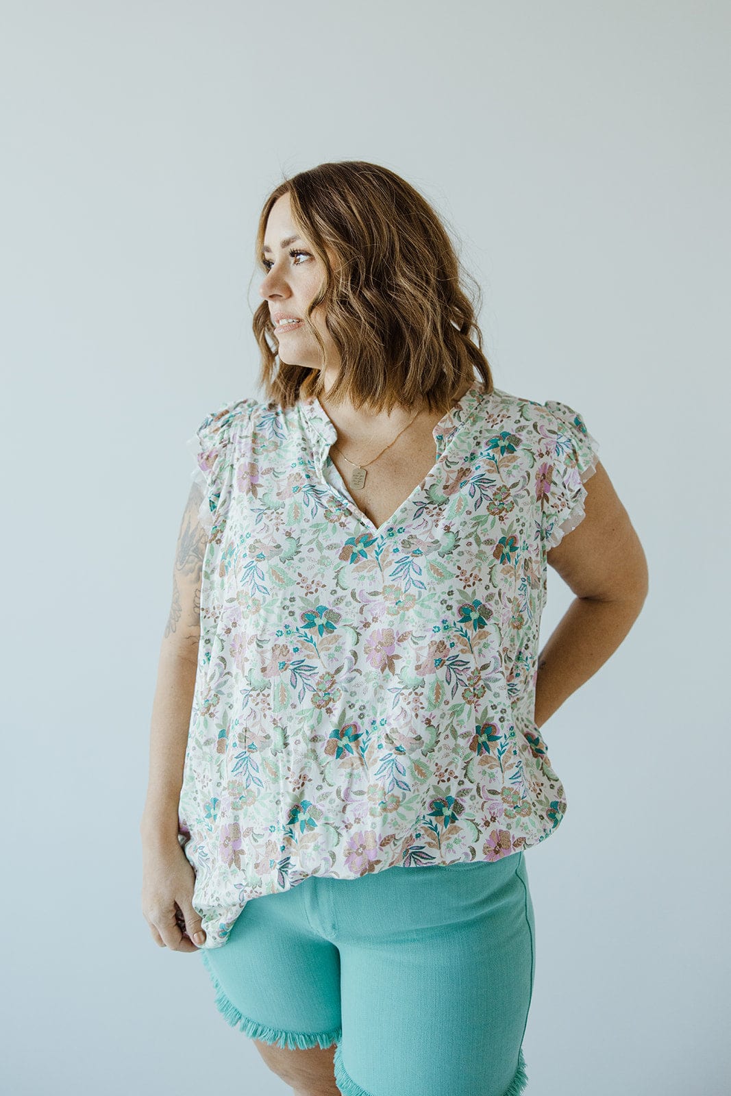 FEMININE CAP SLEEVE BLOUSE IN AQUA - Love Marlow