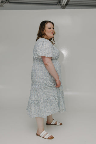 FEMININE PRINT FLUTTER SLEEVE FAUX WRAP MIDI DRESS - Love Marlow