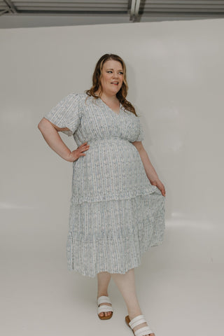 FEMININE PRINT FLUTTER SLEEVE FAUX WRAP MIDI DRESS - Love Marlow