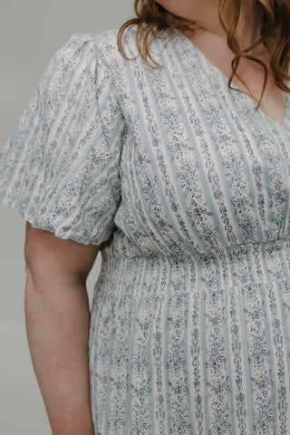 FEMININE PRINT FLUTTER SLEEVE FAUX WRAP MIDI DRESS - Love Marlow