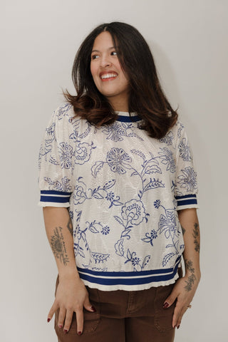 Feminine Short Sleeve Lace Top – Navy Floral - Love Marlow