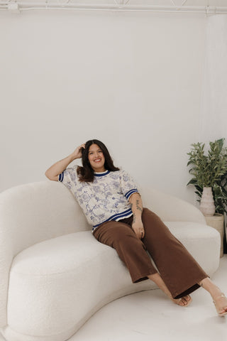 Feminine Short Sleeve Lace Top – Navy Floral - Love Marlow