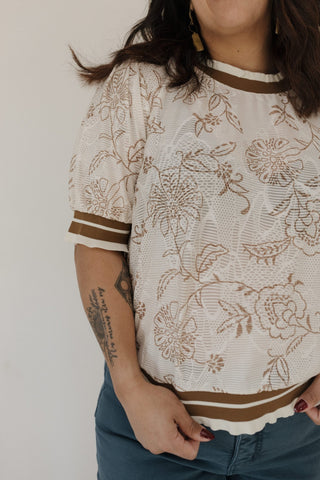 Feminine Short Sleeve Lace Top – Tan Floral - Love Marlow