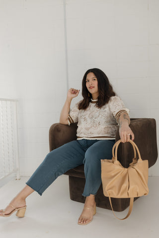 Feminine Short Sleeve Lace Top – Tan Floral - Love Marlow