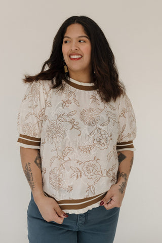 Feminine Short Sleeve Lace Top – Tan Floral - Love Marlow