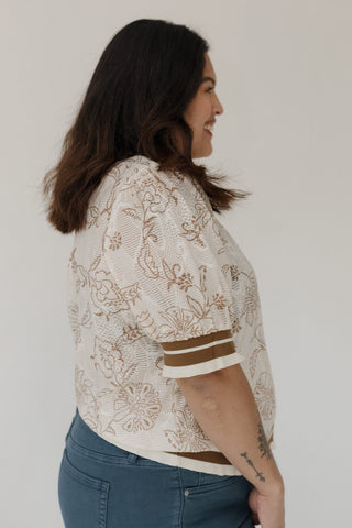 Feminine Short Sleeve Lace Top – Tan Floral - Love Marlow