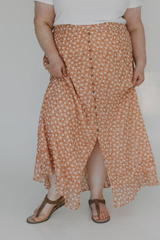 FLORAL BUTTON FRONT SKIRT WITH KICK - HEM - Love Marlow