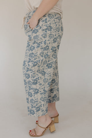 Floral Print Drawstring Barrel Jeans in Tan & Blue - Love Marlow
