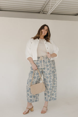 Floral Print Drawstring Barrel Jeans in Tan & Blue - Love Marlow