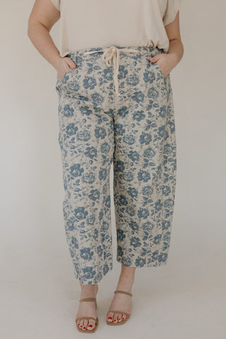 Floral Print Drawstring Barrel Jeans in Tan & Blue - Love Marlow
