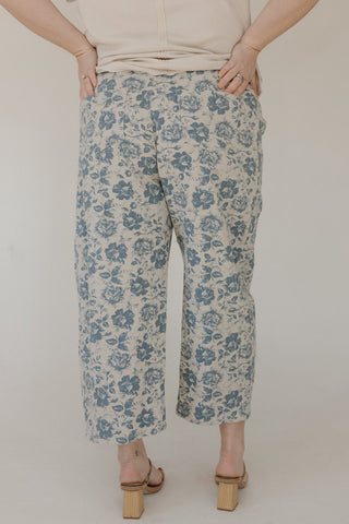 Floral Print Drawstring Barrel Jeans in Tan & Blue - Love Marlow