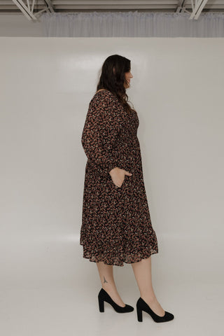 FLORAL SMOCKED BODICE MIDI DRESS WITH LONG SLEEVES & POCKETS - Love Marlow