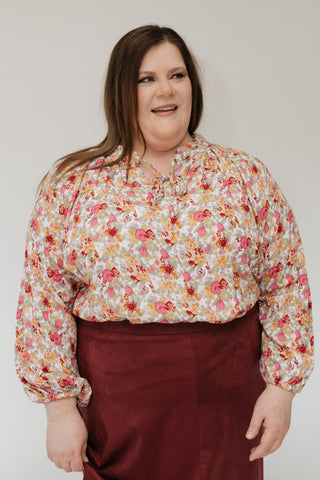 Flowy Blouson Sleeve Blouse – Sunset Bloom - Love Marlow