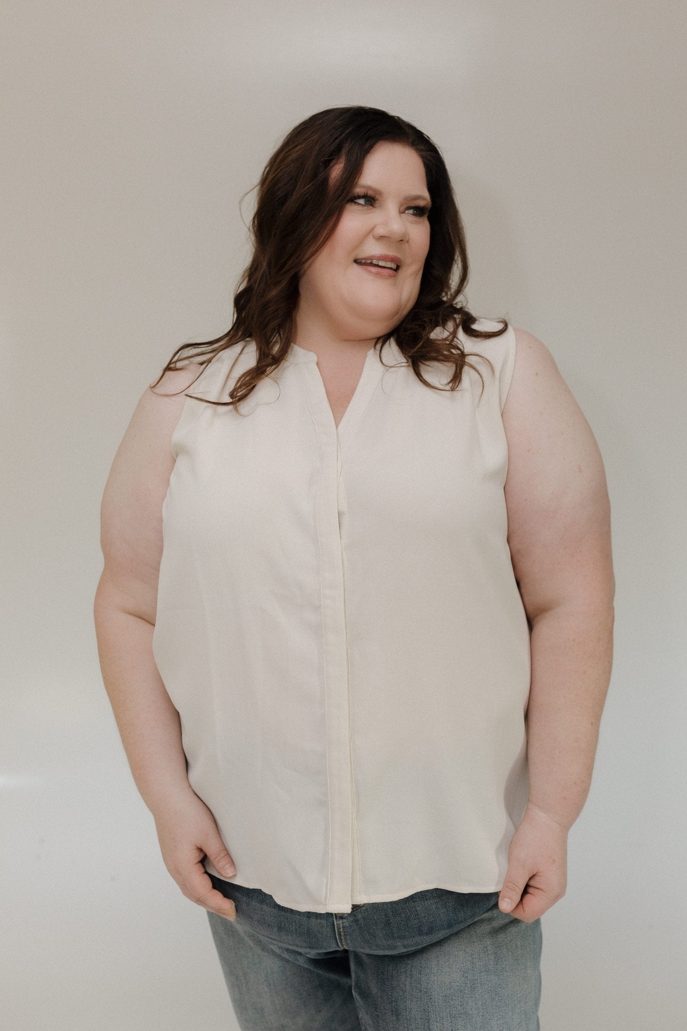 FLOWY SLEEVELESS BLOUSE WITH PINTUCK BACK DETAIL IN SAND - Love Marlow