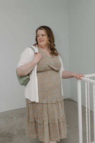 FLUTTER SLEEVE FAUX WRAP MIDI DRESS - Love Marlow