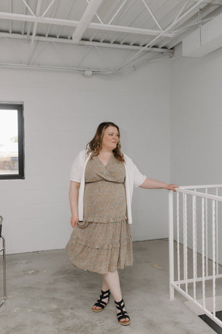 FLUTTER SLEEVE FAUX WRAP MIDI DRESS - Love Marlow