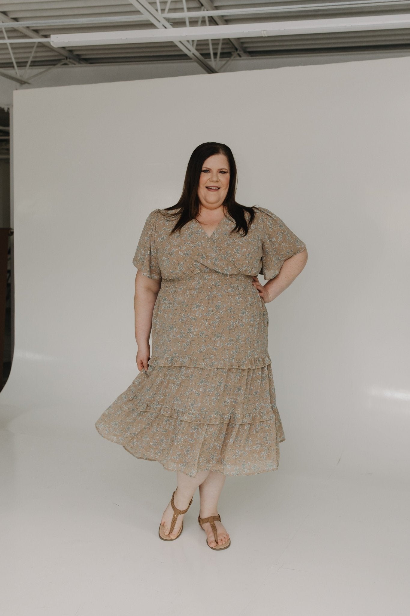 FLUTTER SLEEVE FAUX WRAP MIDI DRESS - Love Marlow