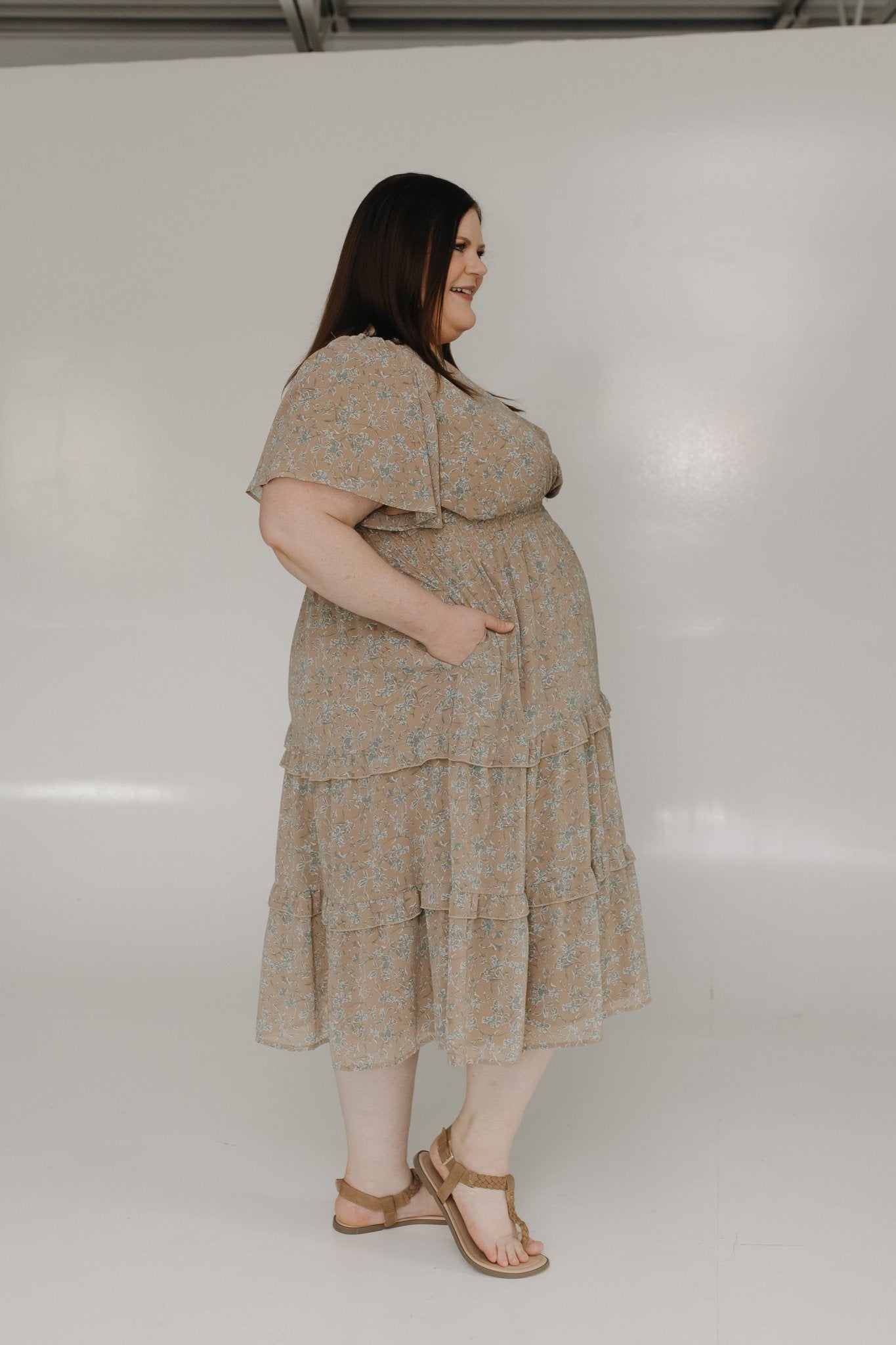 Flutter Sleeve Faux Wrap Midi Dress L / Mocha | Teal Flutter Sleeve Faux Wrap Midi Dress L / Mocha | Teal